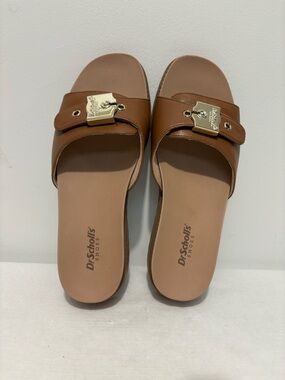 Dr. Scholl's Tan Slide Mules with Gold Buckle Detail